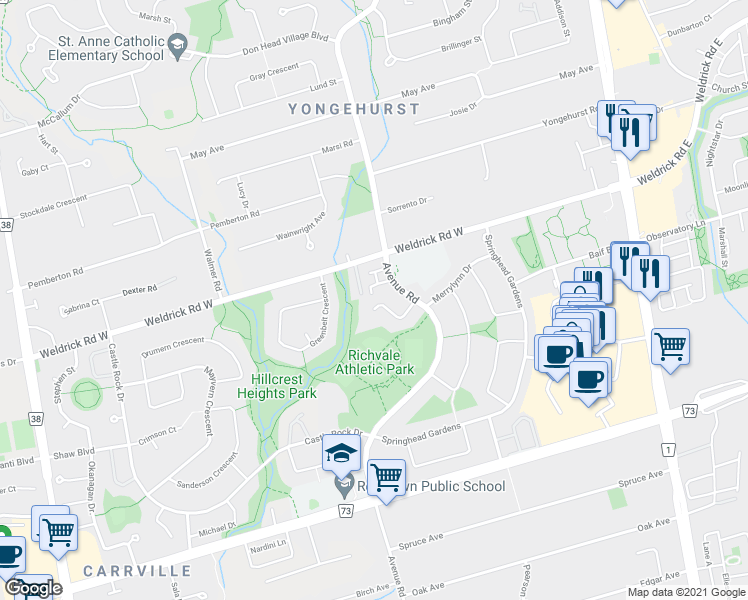 map of restaurants, bars, coffee shops, grocery stores, and more near 30 Leora Court in Richmond Hill
