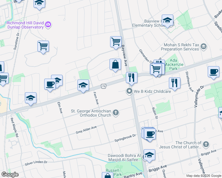 map of restaurants, bars, coffee shops, grocery stores, and more near 651 16th Avenue in Richmond Hill