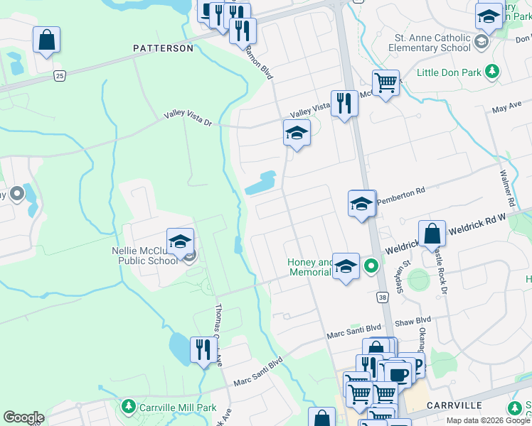 map of restaurants, bars, coffee shops, grocery stores, and more near 32 Timna Crescent in Vaughan