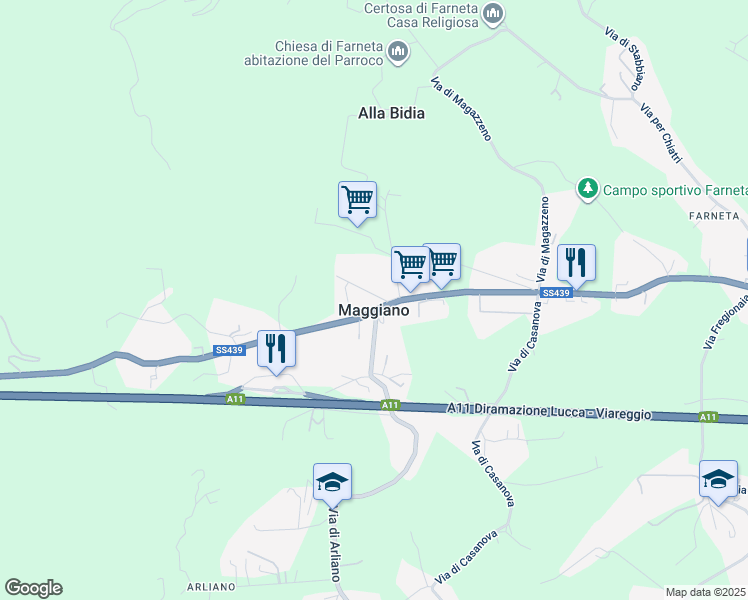 map of restaurants, bars, coffee shops, grocery stores, and more near 38 Via delle Scuole in Lucca
