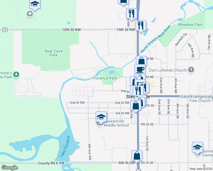 map of restaurants, bars, coffee shops, grocery stores, and more near 407 2nd Street Northwest in Stewartville
