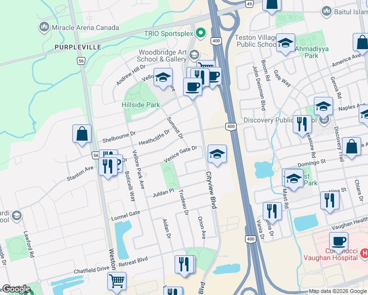 map of restaurants, bars, coffee shops, grocery stores, and more near 2 Summit Drive in Vaughan