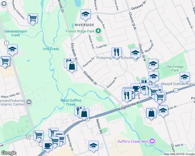 map of restaurants, bars, coffee shops, grocery stores, and more near 14 Darley Street in Ajax