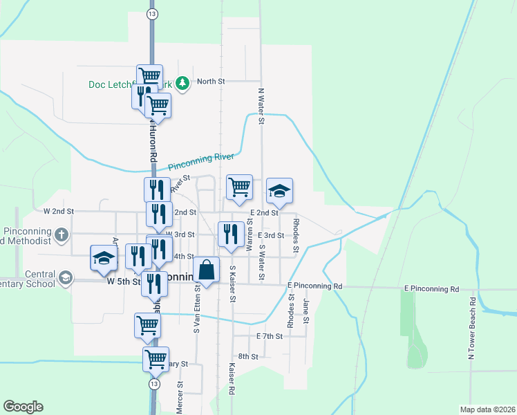 map of restaurants, bars, coffee shops, grocery stores, and more near 123 South Water Street in Pinconning