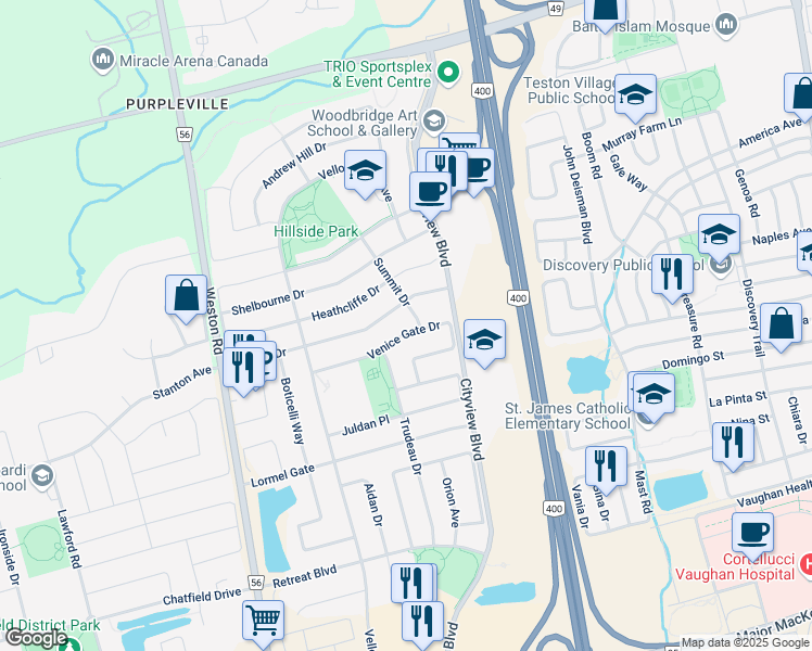 map of restaurants, bars, coffee shops, grocery stores, and more near 108 Venice Gate Drive in Vaughan