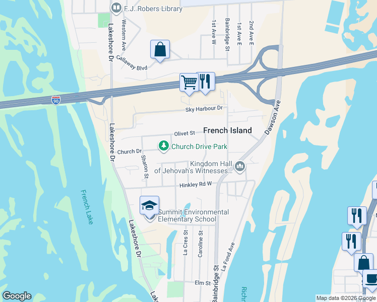 map of restaurants, bars, coffee shops, grocery stores, and more near 208 Church Drive in La Crosse