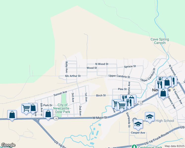 map of restaurants, bars, coffee shops, grocery stores, and more near 901-999 South Wood Street in Newcastle