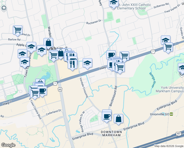 map of restaurants, bars, coffee shops, grocery stores, and more near 25 Water Walk Drive in Markham