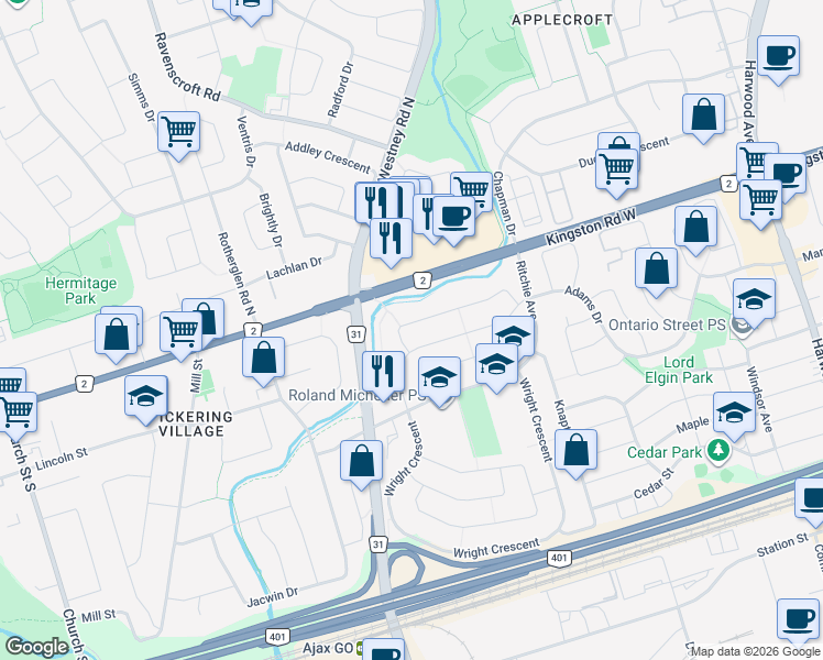 map of restaurants, bars, coffee shops, grocery stores, and more near 59 Patterson Crescent in Ajax
