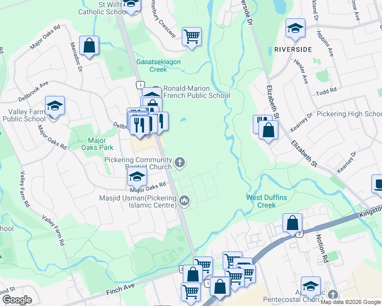 map of restaurants, bars, coffee shops, grocery stores, and more near 2165 Brock Road in Pickering