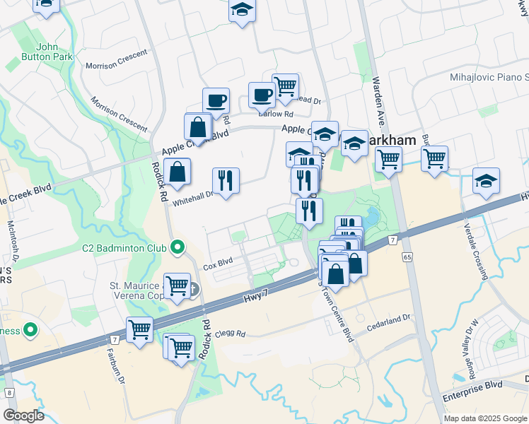 map of restaurants, bars, coffee shops, grocery stores, and more near 2 Interlacken Way in Markham