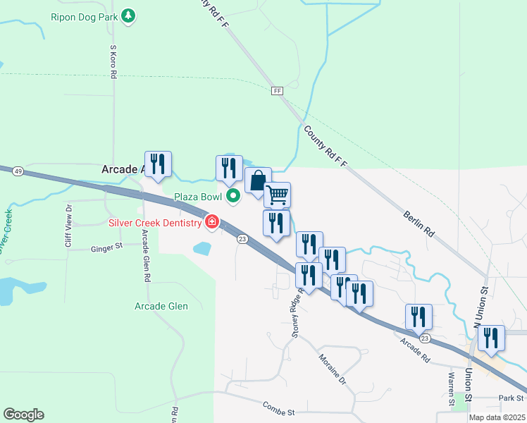 map of restaurants, bars, coffee shops, grocery stores, and more near 1200 West Fond Du Lac Street in Ripon