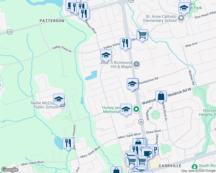 map of restaurants, bars, coffee shops, grocery stores, and more near 15 Haven Road in Vaughan
