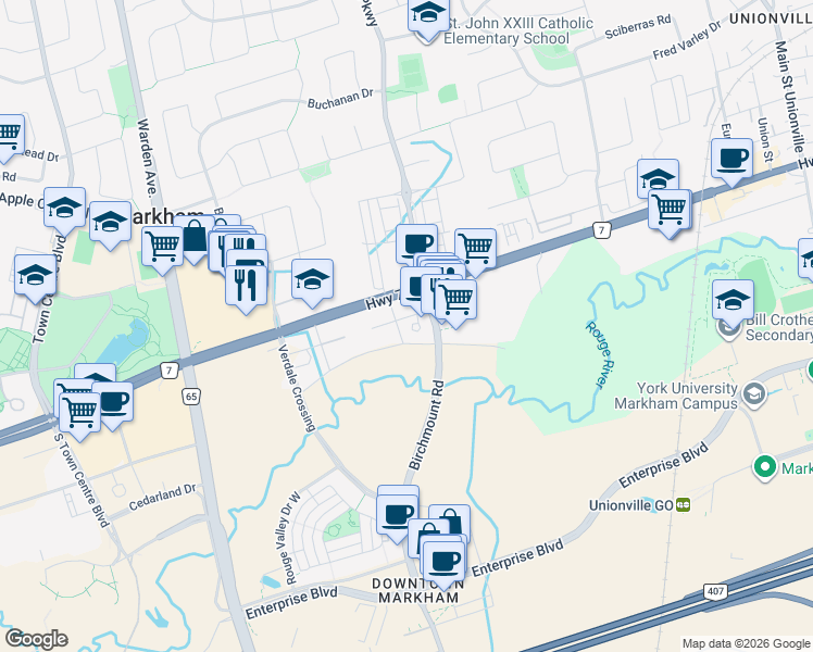 map of restaurants, bars, coffee shops, grocery stores, and more near 1 Uptown Drive in Markham