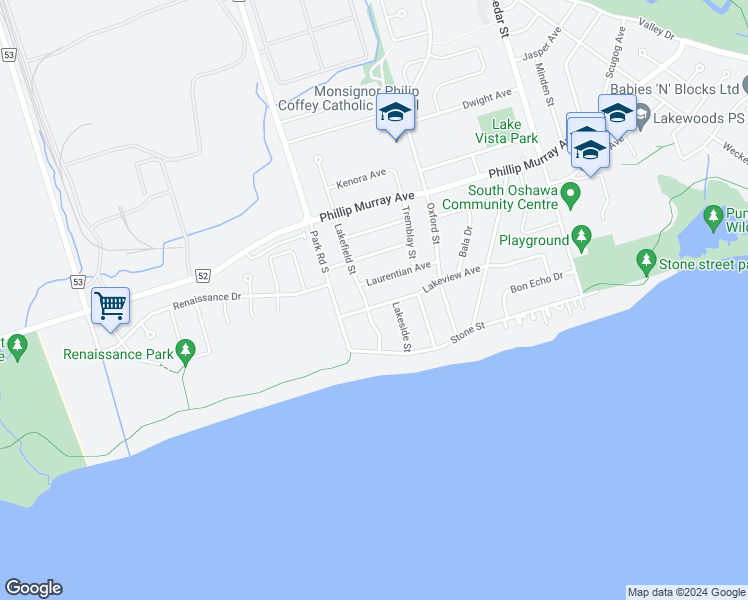 map of restaurants, bars, coffee shops, grocery stores, and more near 772 Lakeview Avenue in Oshawa