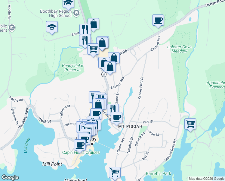 map of restaurants, bars, coffee shops, grocery stores, and more near 11 Eastern Avenue in Boothbay Harbor