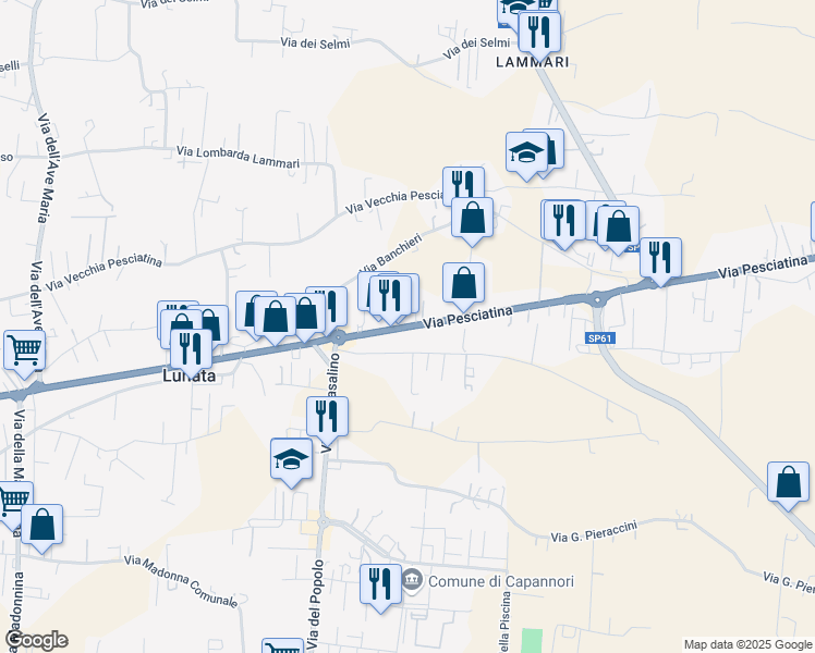 map of restaurants, bars, coffee shops, grocery stores, and more near 145 Via Pesciatina in Lucca