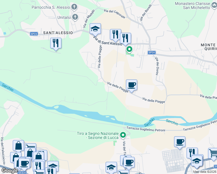 map of restaurants, bars, coffee shops, grocery stores, and more near 31/C Via dei Piaggesi in Lucca