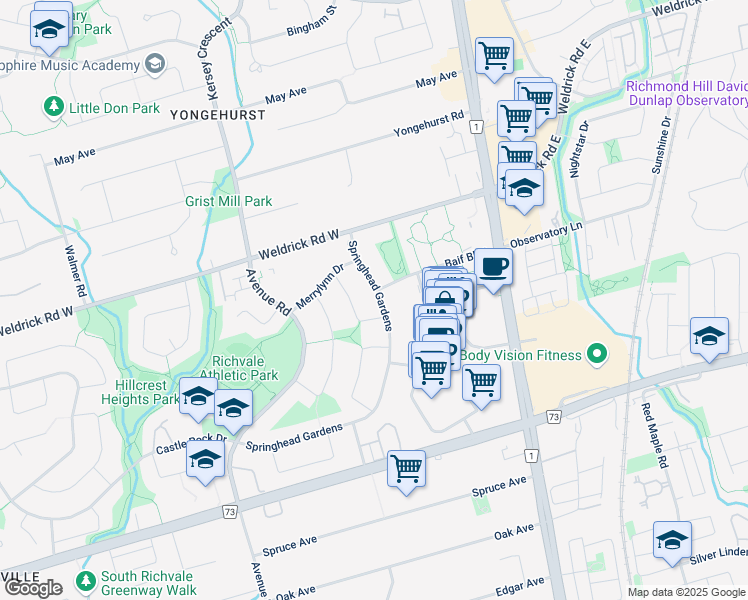 map of restaurants, bars, coffee shops, grocery stores, and more near 164 Springhead Gardens in Richmond Hill