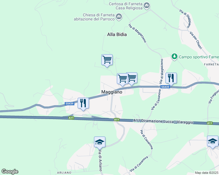 map of restaurants, bars, coffee shops, grocery stores, and more near in Lucca