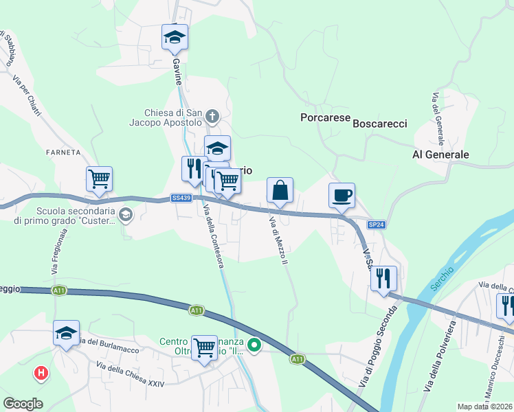 map of restaurants, bars, coffee shops, grocery stores, and more near 2624 Via Sarzanese in Lucca