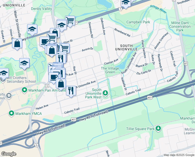 map of restaurants, bars, coffee shops, grocery stores, and more near 85 Harry Cook Drive in Markham