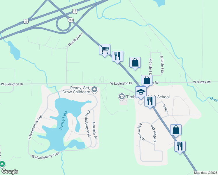 map of restaurants, bars, coffee shops, grocery stores, and more near 1881-2431 W Ludington Dr in Farwell