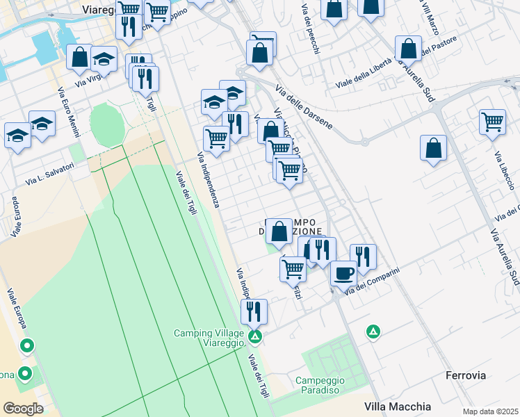 map of restaurants, bars, coffee shops, grocery stores, and more near 47 Via A. de Ambris in Viareggio