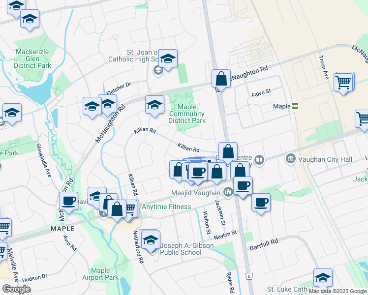 map of restaurants, bars, coffee shops, grocery stores, and more near Killian Road in Vaughan