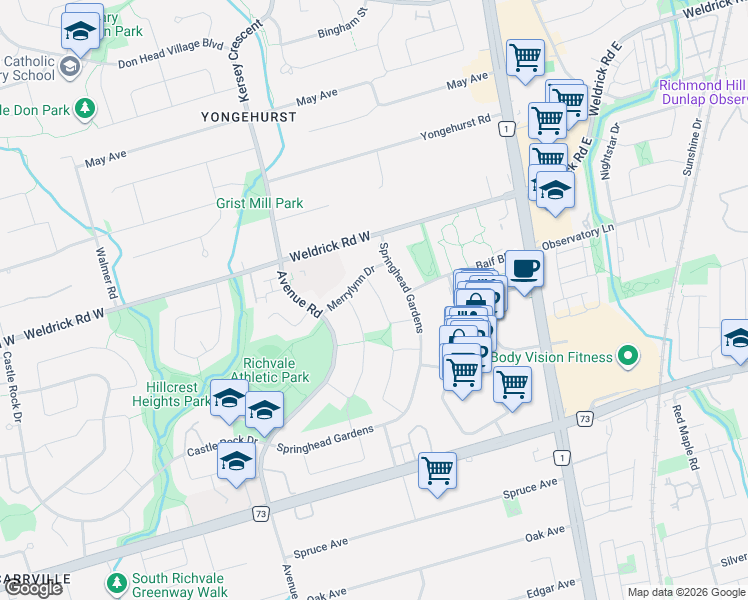 map of restaurants, bars, coffee shops, grocery stores, and more near 28 Brightway Crescent in Richmond Hill
