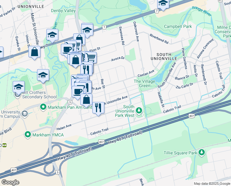 map of restaurants, bars, coffee shops, grocery stores, and more near 63 Ian Baron Avenue in Markham