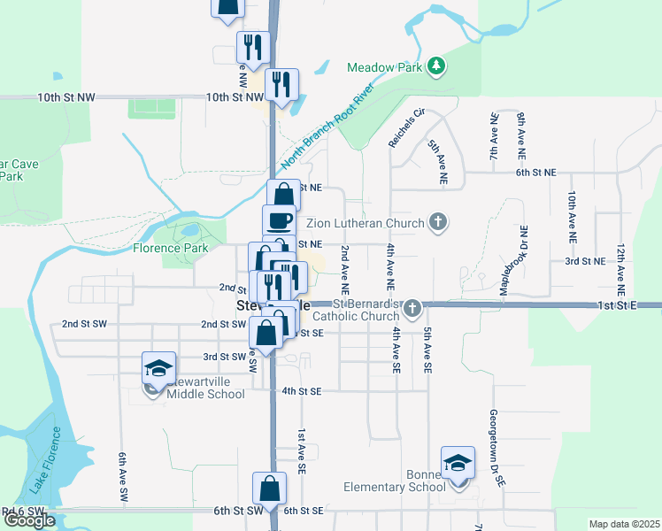 map of restaurants, bars, coffee shops, grocery stores, and more near 120 4th Street Northeast in Stewartville