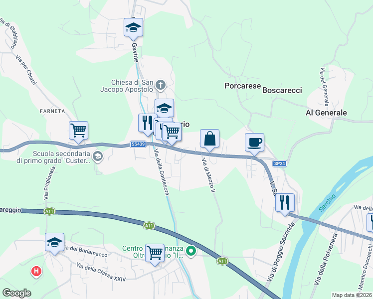 map of restaurants, bars, coffee shops, grocery stores, and more near 2624 Via Sarzanese in Lucca