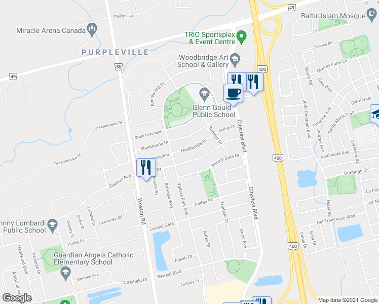 map of restaurants, bars, coffee shops, grocery stores, and more near 63 Heathcliffe Drive in Vaughan