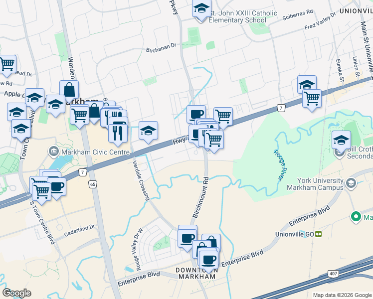 map of restaurants, bars, coffee shops, grocery stores, and more near Uptown Drive in Markham