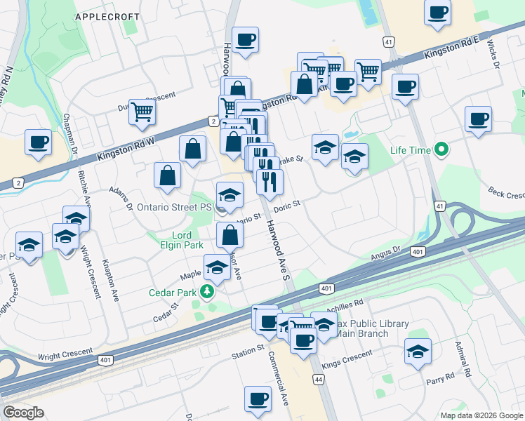 map of restaurants, bars, coffee shops, grocery stores, and more near 2 Ontario Street in Ajax