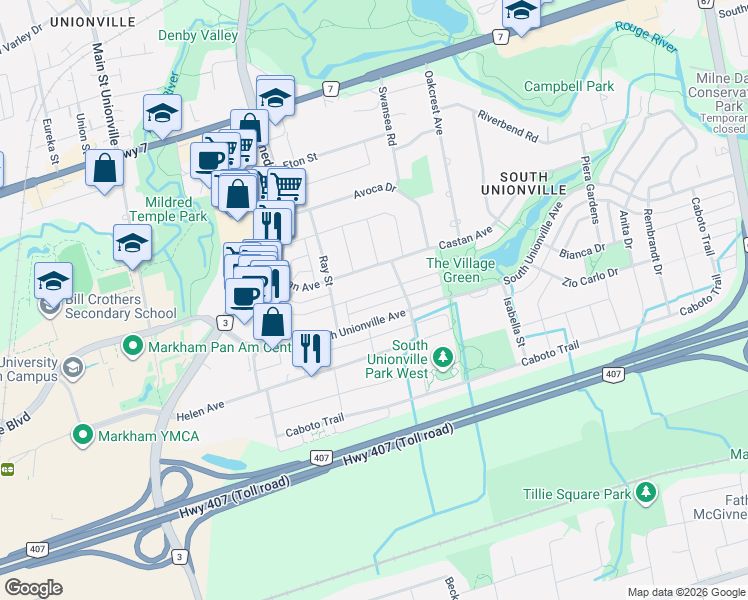 map of restaurants, bars, coffee shops, grocery stores, and more near 71 Ian Baron Avenue in Markham