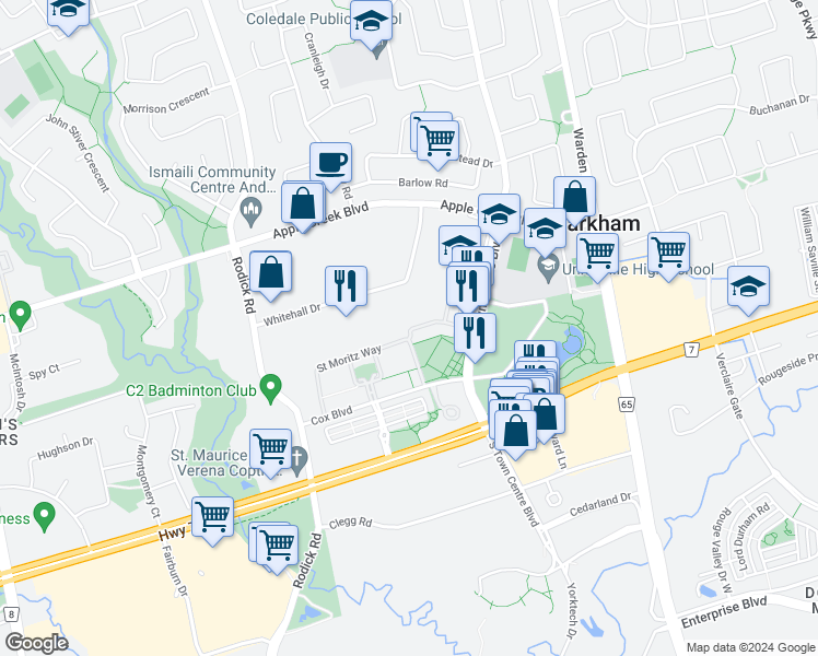 map of restaurants, bars, coffee shops, grocery stores, and more near 2 Interlacken Way in Markham