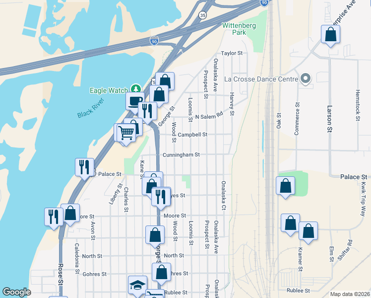 map of restaurants, bars, coffee shops, grocery stores, and more near 2411 Loomis Street in La Crosse