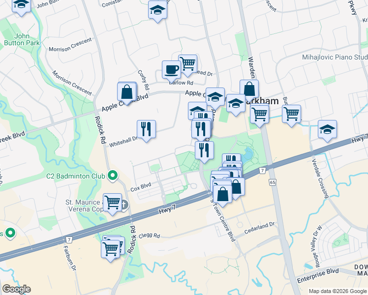 map of restaurants, bars, coffee shops, grocery stores, and more near 21 Interlacken Way in Markham