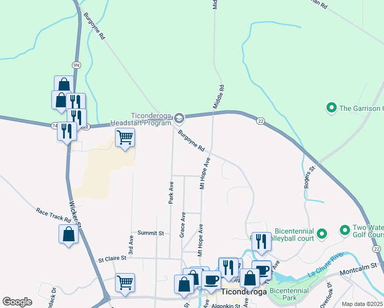map of restaurants, bars, coffee shops, grocery stores, and more near 241 Burgoyne Rd in Ticonderoga