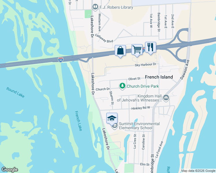 map of restaurants, bars, coffee shops, grocery stores, and more near 401 Church Drive in La Crosse
