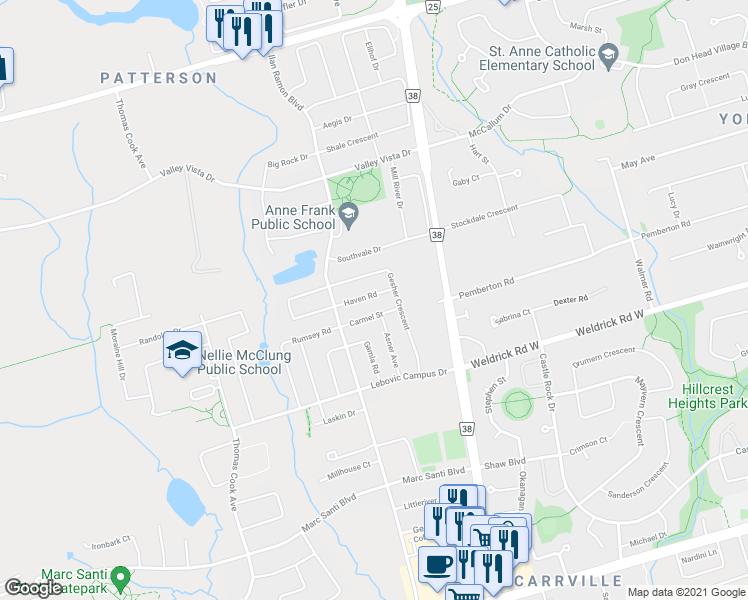 map of restaurants, bars, coffee shops, grocery stores, and more near 41 Haven Road in Vaughan