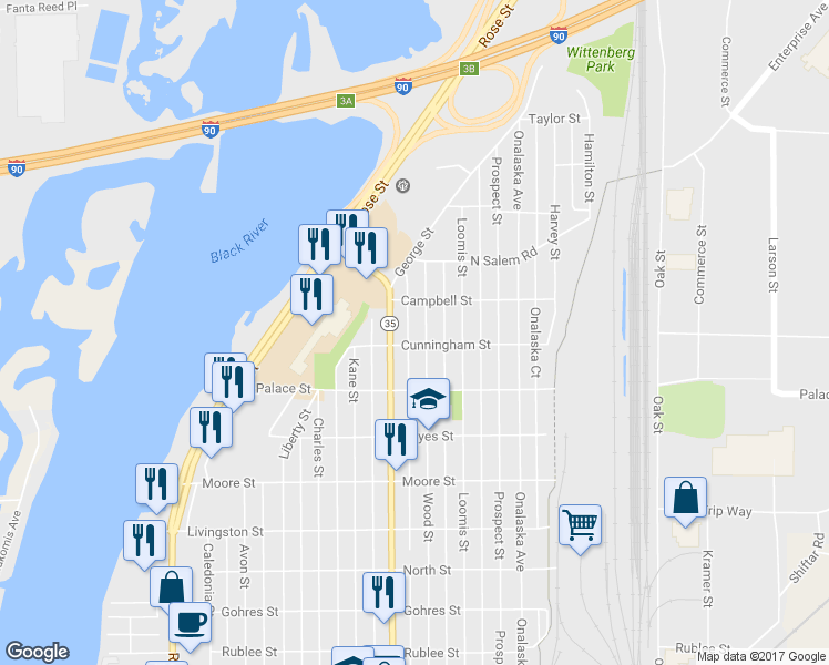 map of restaurants, bars, coffee shops, grocery stores, and more near 2411 Wood Street in La Crosse