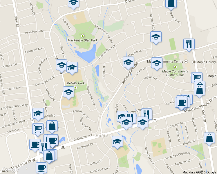 map of restaurants, bars, coffee shops, grocery stores, and more near 205 Fletcher Drive in Vaughan