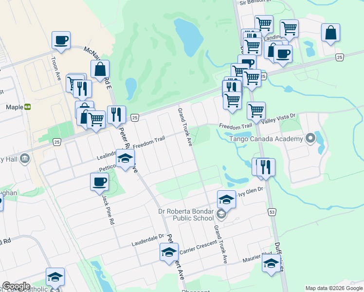 map of restaurants, bars, coffee shops, grocery stores, and more near 35 Brunel Street in Vaughan