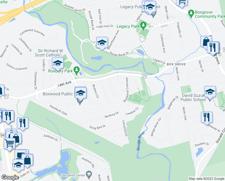 map of restaurants, bars, coffee shops, grocery stores, and more near Grandlea Crescent in Markham