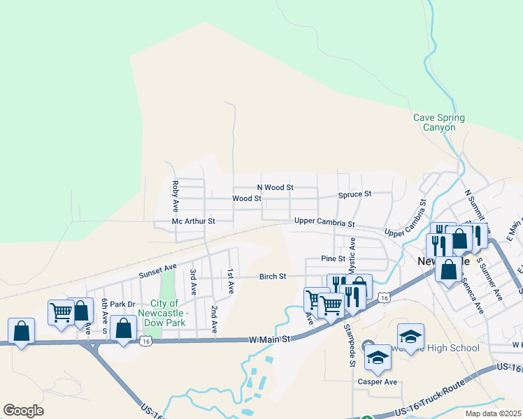 map of restaurants, bars, coffee shops, grocery stores, and more near 901 South Wood Street in Newcastle