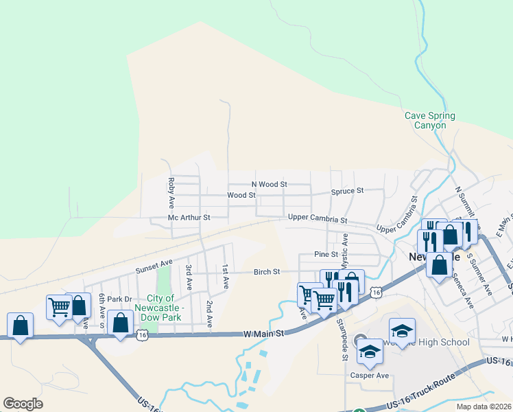 map of restaurants, bars, coffee shops, grocery stores, and more near S Wood St in Newcastle