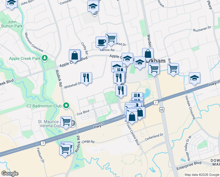 map of restaurants, bars, coffee shops, grocery stores, and more near 25 Interlacken Way in Markham